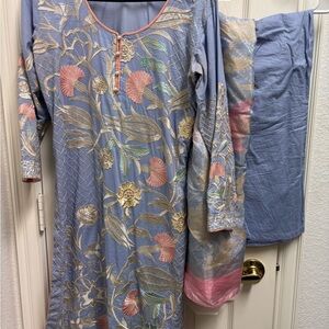 Floral Embroidered Blue Kurta Set